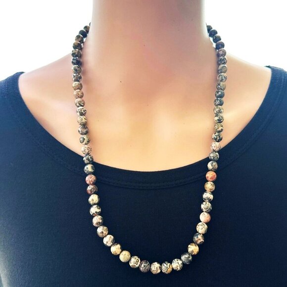 Vintage Leopardskin Jasper Necklace Natural Stone 24 Inch - Picture 3 of 3